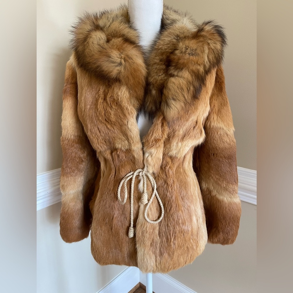 Vintage Fur Coat, Real Rabbit Fur, Silk Lining, Handmade, Pockets Fox Fur Collar